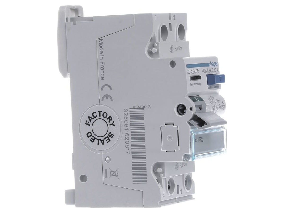 HAGER Residual Current Circuit Breaker 2P 10kA 40A 30mA Type A (CDA540D)