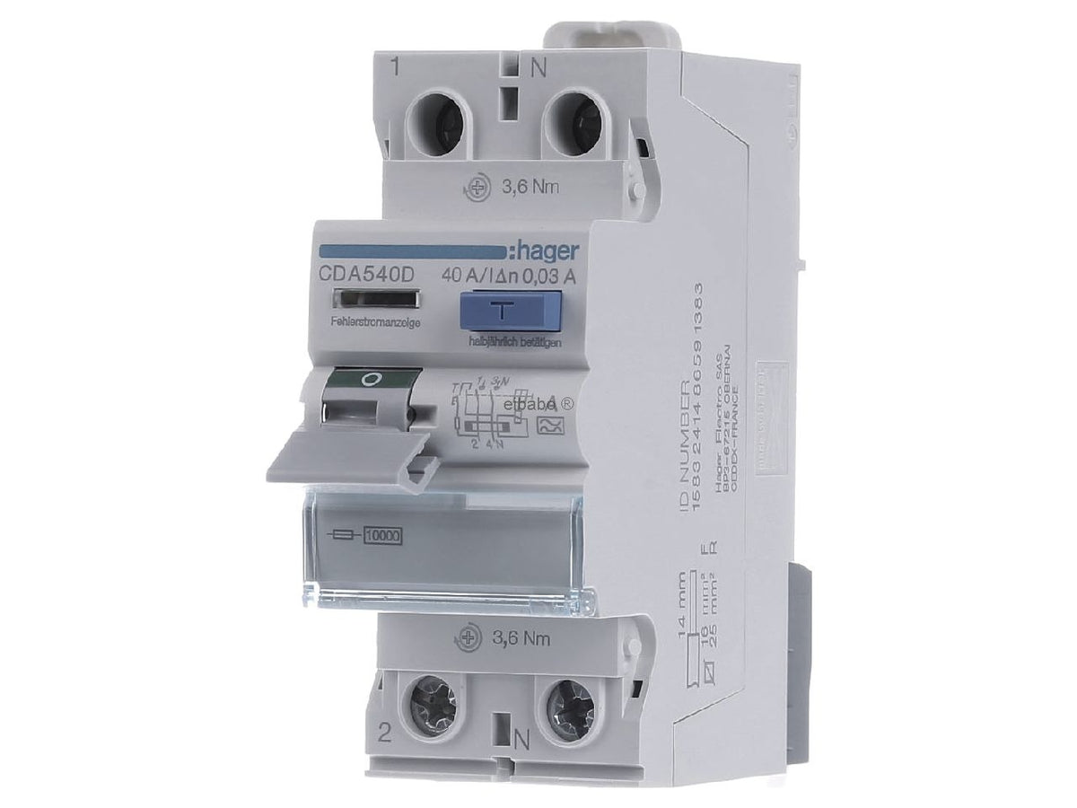 HAGER Residual Current Circuit Breaker 2P 10kA 40A 30mA Type A (CDA540D)