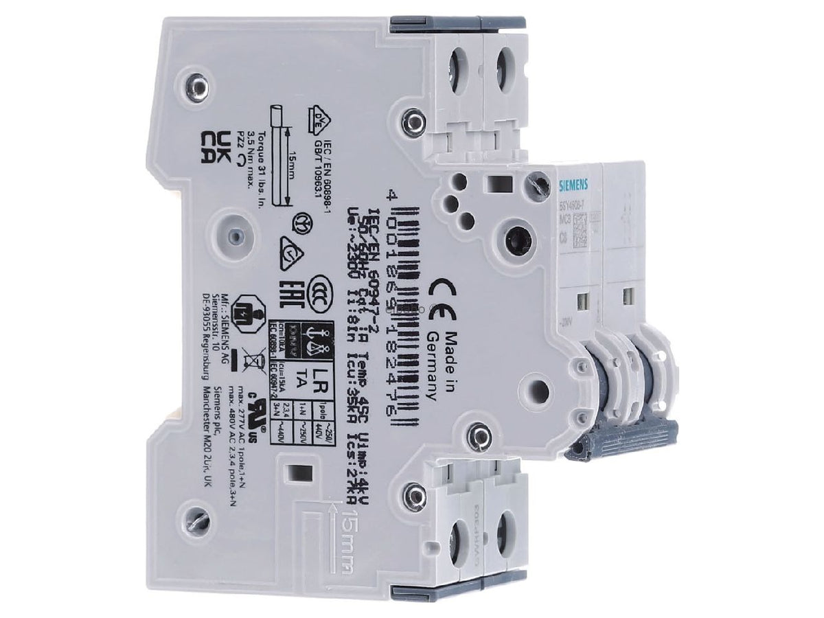 Siemens Sentron Circuit Breaker - 1+N - 6A Curve C - 230V AC - 10kA Breaking Capacity (5SY45067)