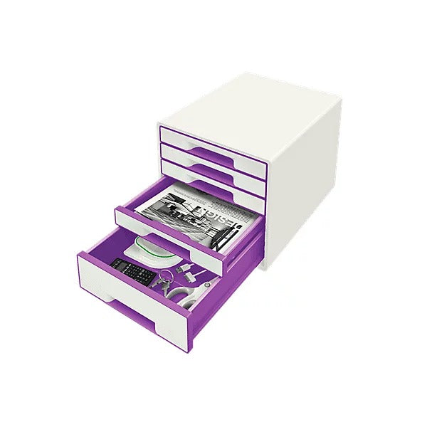 Esselte-Leitz LEITZ WOW CUBE drawer box, 5 drawers, pearl white/violet for DIN A4 Maxi format, high gloss, drawers with pull-out mechanism - 1 piece