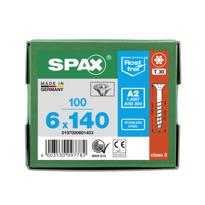 SPAX Universal Screws T30 Countersunk Head Stainless Steel A2 6 mm x 140 mm, 100 pcs. (0197000601403)