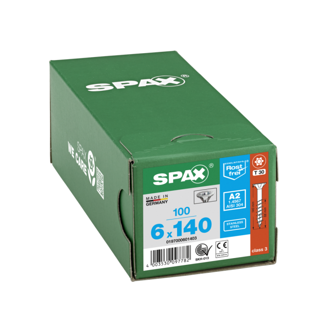 SPAX Universal Screws T30 Countersunk Head Stainless Steel A2 6 mm x 140 mm, 100 pcs. (0197000601403)