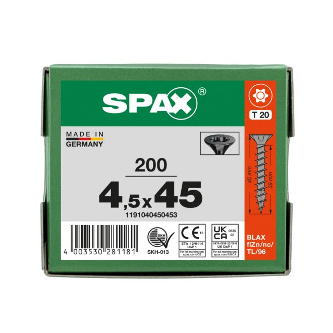 SPAX Universal Screws T20 Countersunk Head - 4.5 mm x 45 mm, 200 pcs - BLAX 1191040450453