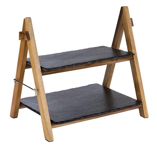 APS 2-Tier Foldable Serving Stand with 2 Slate Plates, Acacia Wood (958)
