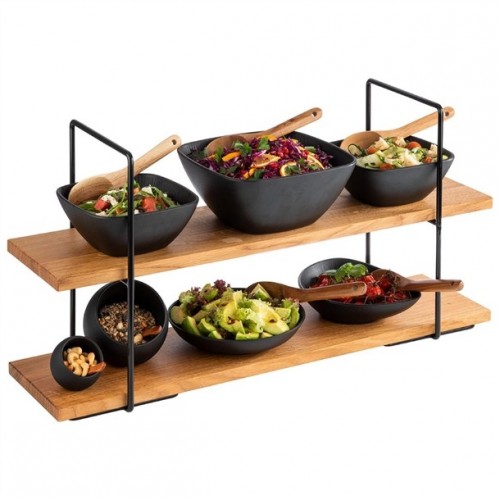 APS 2-Tier Foldable Serving Stand with 2 Slate Plates, Acacia Wood (958)