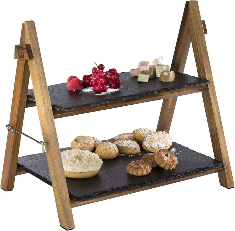 APS 2-Tier Foldable Serving Stand with 2 Slate Plates, Acacia Wood (958)