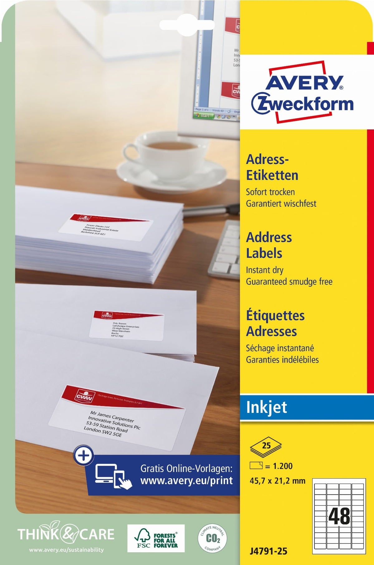 Avery Zweckform J4791 Return Address Labels White 21.2 x 45.7 mm 1200 Labels (J4791-25)