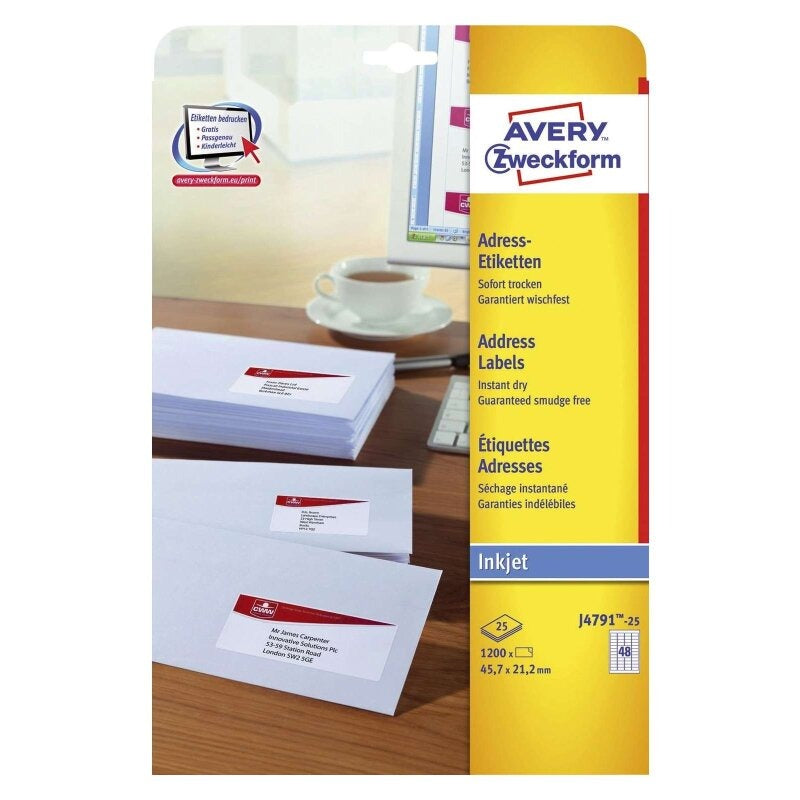 Avery Zweckform J4791 Return Address Labels White 21.2 x 45.7 mm 1200 Labels (J4791-25)