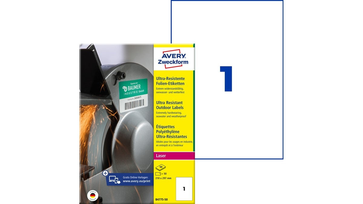Avery-Zweckform B4775-50 - 210 x 297 mm Polyethylene Film Labels - White - 50 Sheets - Permanent Universal Labels for Laser Printers (B4775-50)