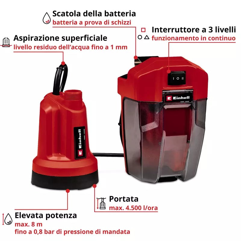 Einhell Power X-Change GE-SP 18 LL Li Clear Water Submersible Pump 4500 l/h 8 m (4181561) 1x4.0Ah