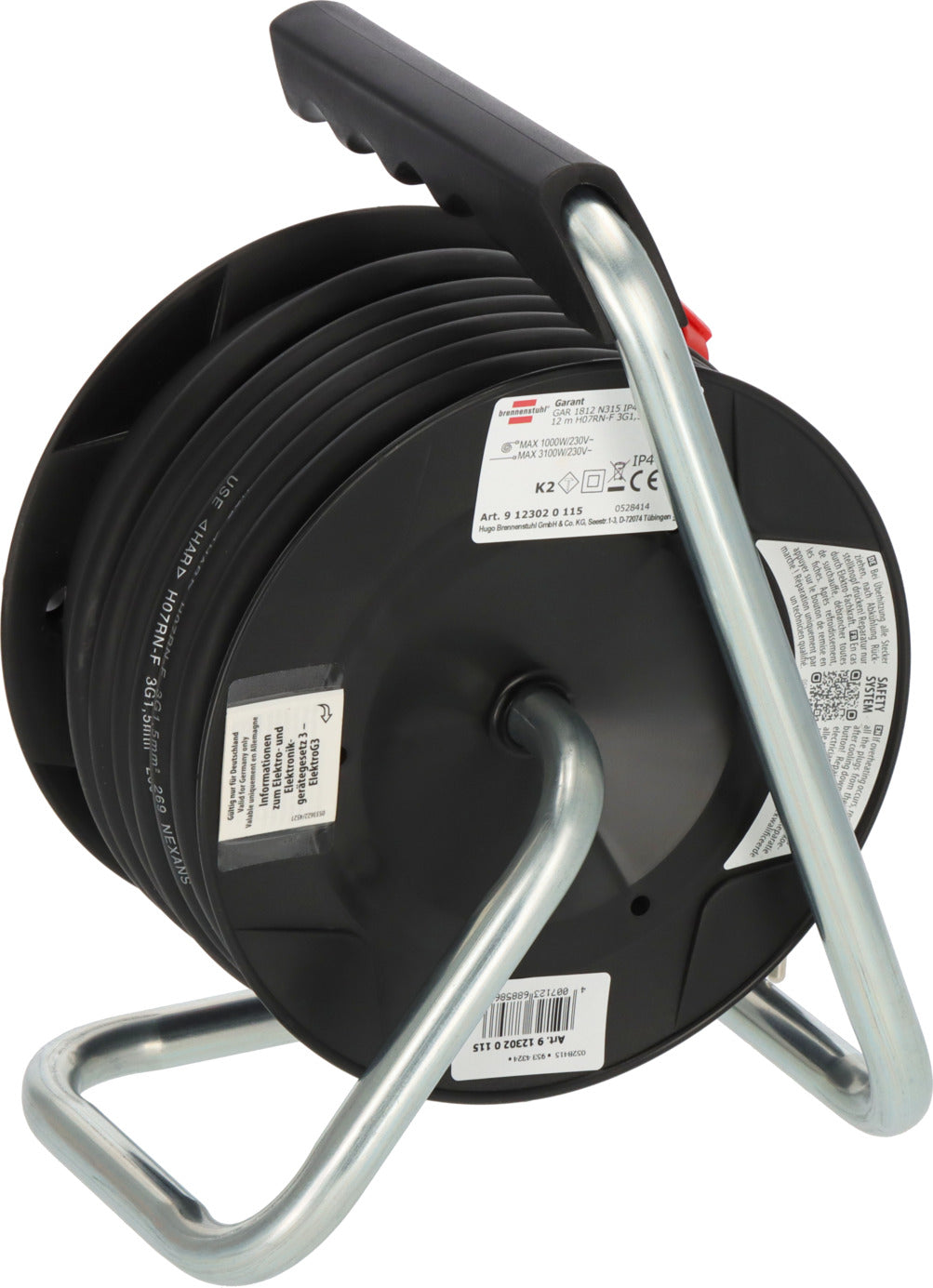 Brennenstuhl Cable Reel Black - 12 m - IP44 - Model 9123020115