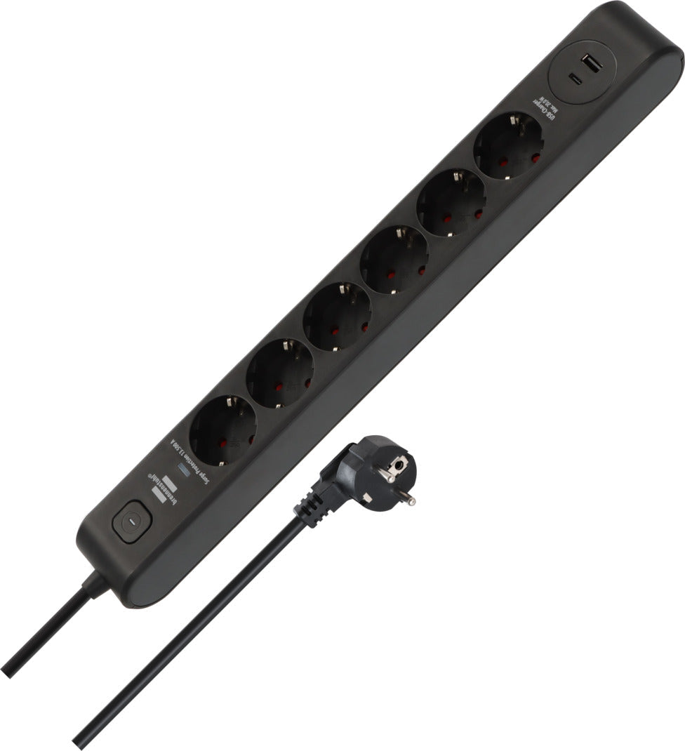 Brennenstuhl Power Strip Black Anthracite 6 Outlets 1x Type C PD 20W 1x USB A 20W