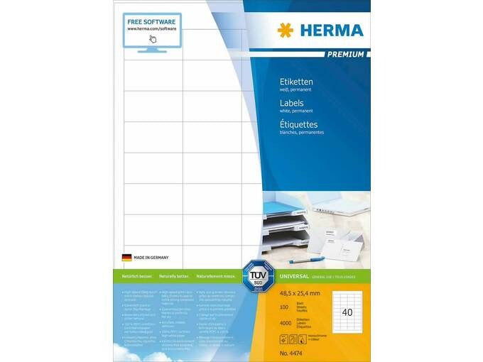 HERMA Premium Permanent Self-Adhesive Matte Laminated Paper Labels - White - 48.5 x 25.4 mm - 4000 Labels (100 Sheets x 40) (4474)