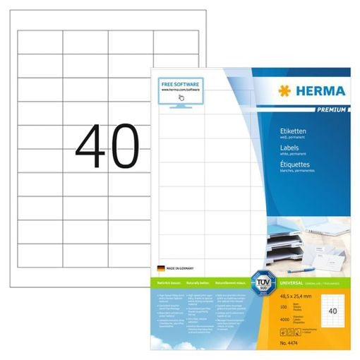 HERMA Premium Permanent Self-Adhesive Matte Laminated Paper Labels - White - 48.5 x 25.4 mm - 4000 Labels (100 Sheets x 40) (4474)
