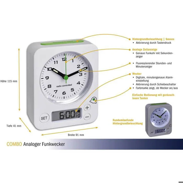 TFA Radio Alarm Clock White Fluorescent Hands 60.1511.02