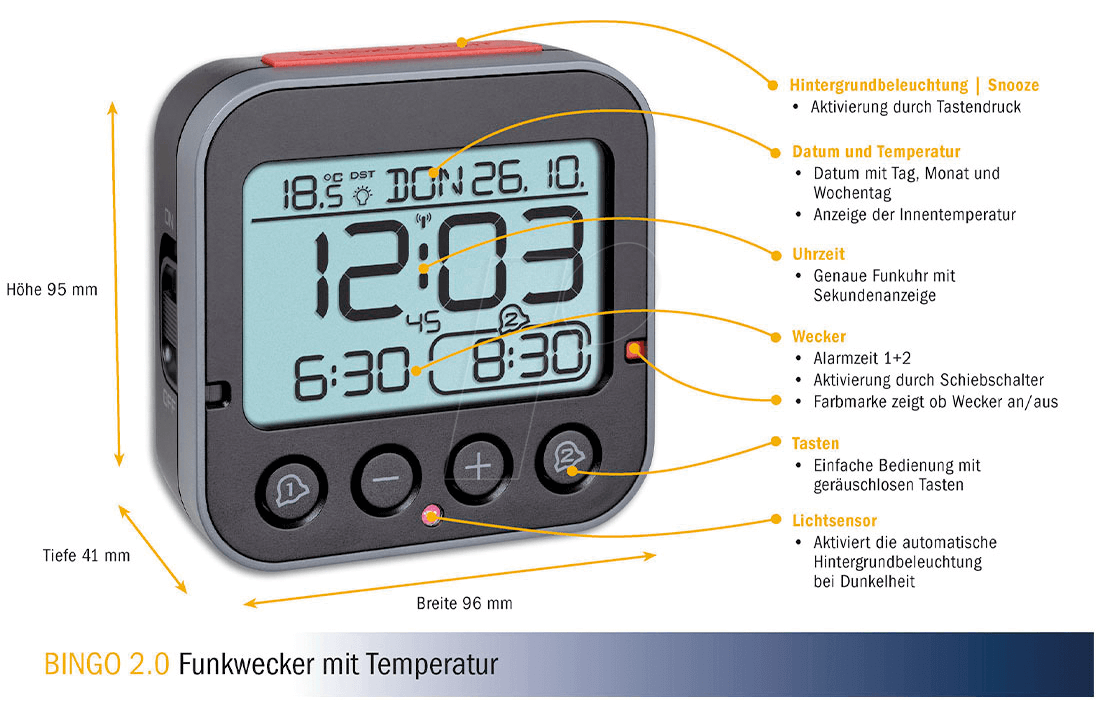 TFA 60.2550.01 Wireless Alarm Clock Black Alarm Times 2 (60.2550.01)