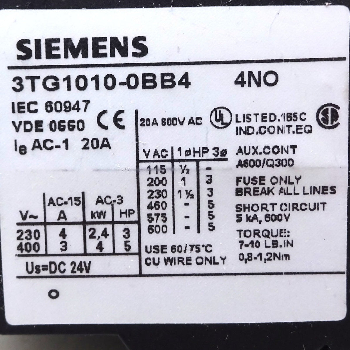 Siemens Miniature Contactor 24 VDC, 4 NO, Screw Terminals (3TG1010-0BB4)