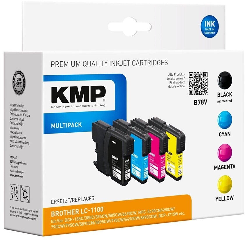 KMP MULTIPACK B78V - 4-Pack Ink Cartridges - Black, Yellow, Cyan, Magenta - Compatible with Brother Printers LC1100BK LC1100C LC1100M LC1100Y DCP-6690CW MFC-5890CN MFC-5895CW