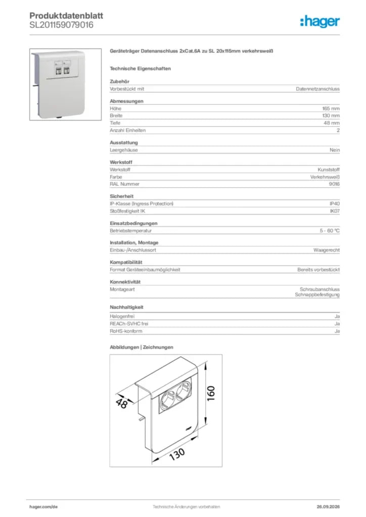 Hager Device Carrier Data SL201159079016 2xCat.6A 20x115mm Traffic White (SL201159079016)