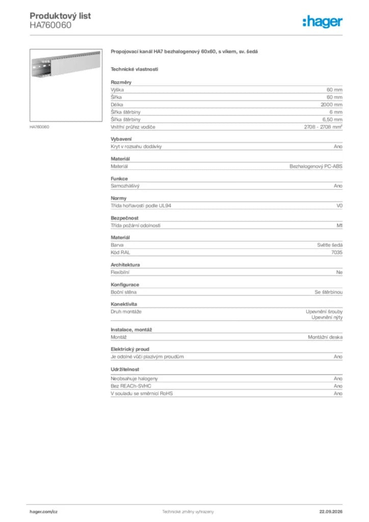 Hager Wiring Duct 2000 x 60 x 60 mm Lichtgrey (HA760060)
