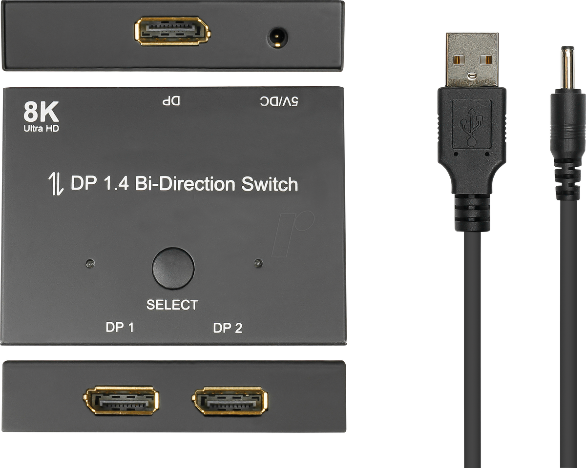 Alcasa DisplayPort Switch - 2-way, 8K 30Hz, Black, Metal (GC-M0262)