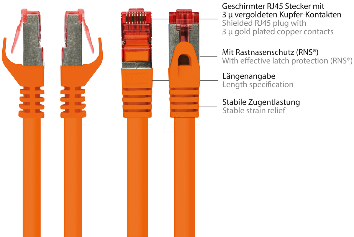 RNS® Patch Cable with Locking Clip, Cat. 6, S/FTP, PiMF, PVC, 250MHz, Orange, 25 m (8060-250O)