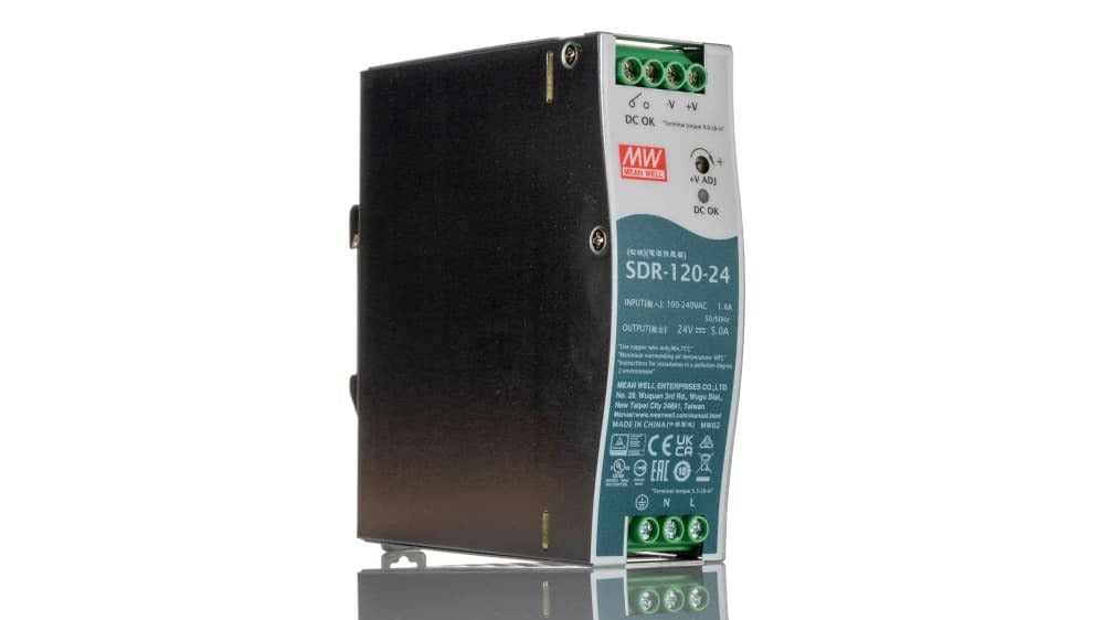 Mean Well SDR-120-24 Power Supply - 120 Watts - AC 115/230 V - DIN Rail Mountable