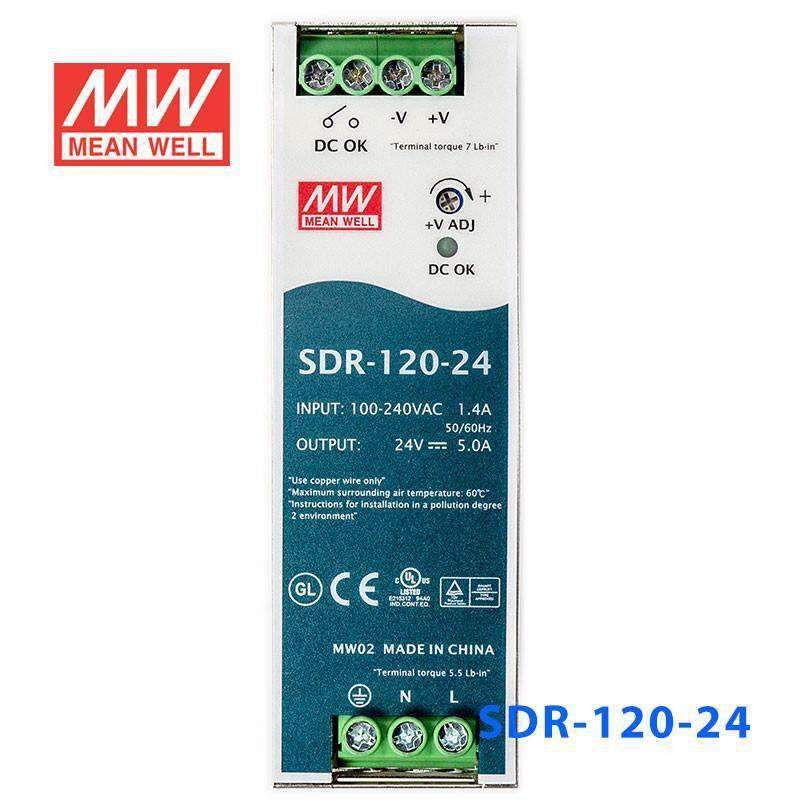 Mean Well SDR-120-24 Power Supply - 120 Watts - AC 115/230 V - DIN Rail Mountable