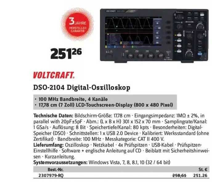 VOLTCRAFT DSO-2104 Digital Oscilloscope 100 MHz 4-Channel 1 GSa/s 80 kpts 8-Bit (VC-11539895)