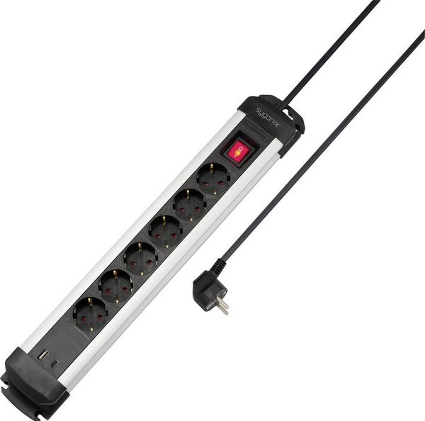 Sygonix 6-Way Power Strip with Switch, Black/Silver, Grounded SY-6807130