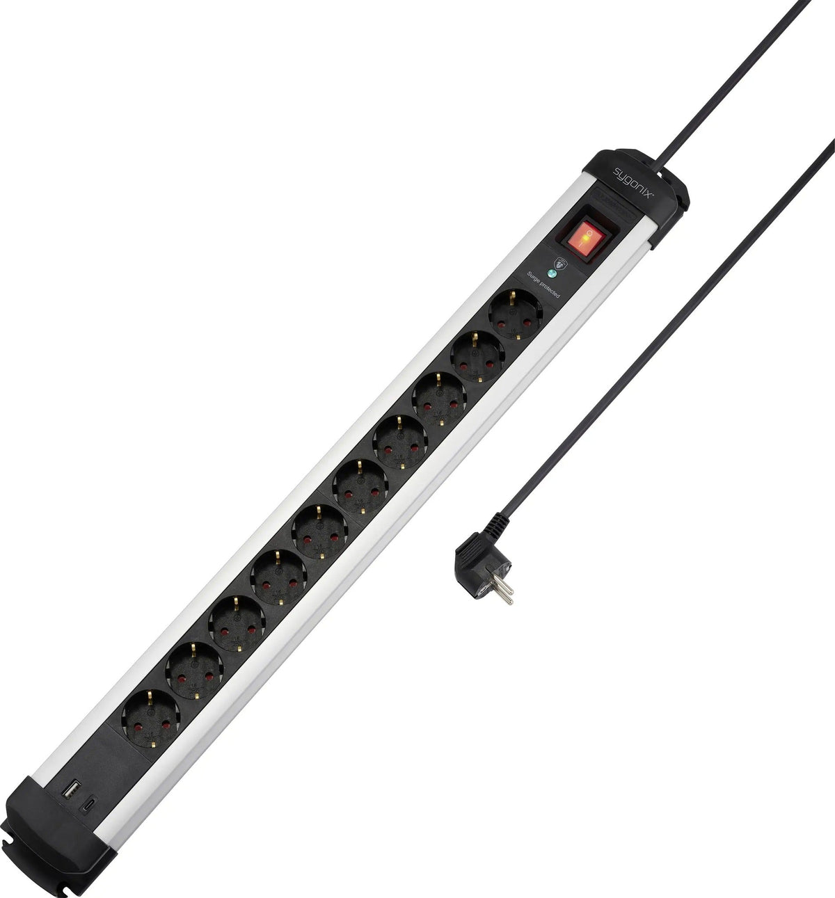Sygonix Surge Protection Power Strip 10 Outlets Black/Silver (SY-6807136)