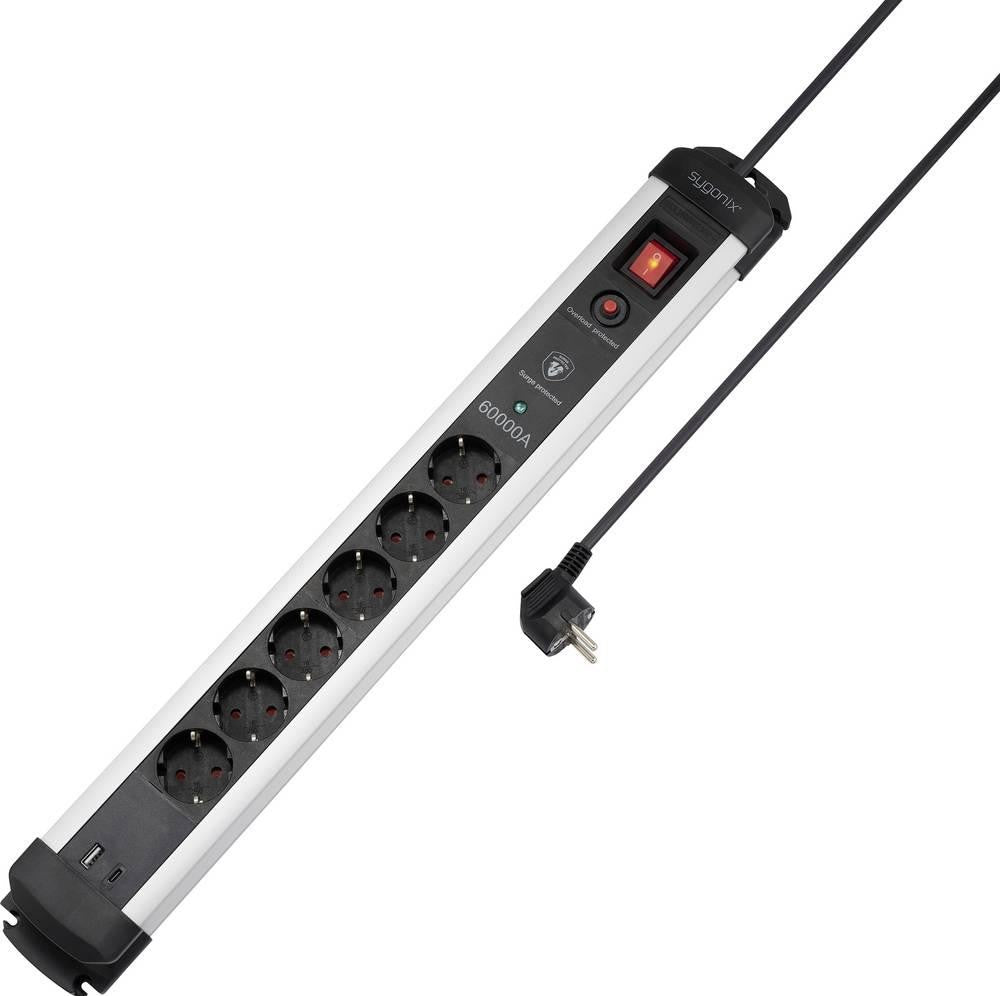 Sygonix SY-6805674 Surge Protection Power Strip, 6-way, Black/Silver, 1 pc.