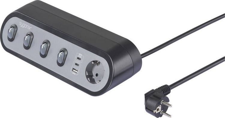 Sygonix SY-6901966 Tabletop Power Outlet - 5-way, Black/Grey, Grounded (SY-6901966)