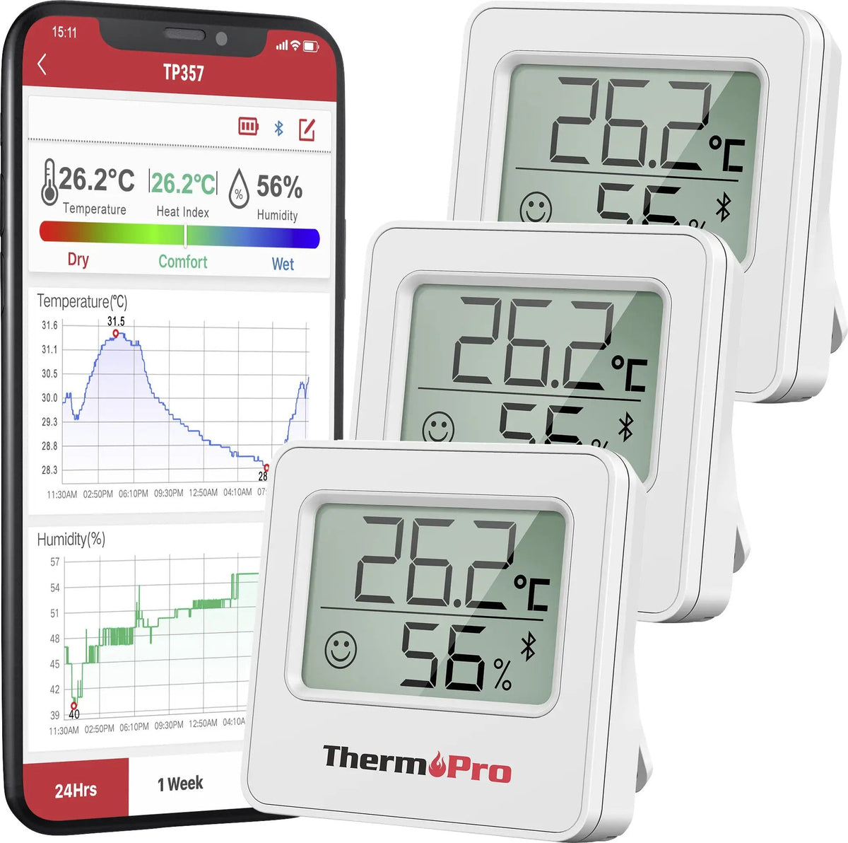 ThermoPro Wireless Thermometer/Hygrometer - White TP357-3 (3 pcs)
