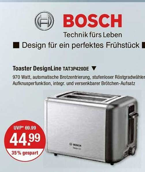 Bosch TAT3P420DE Toaster - 2 Slice - Black/Silver - 970 W