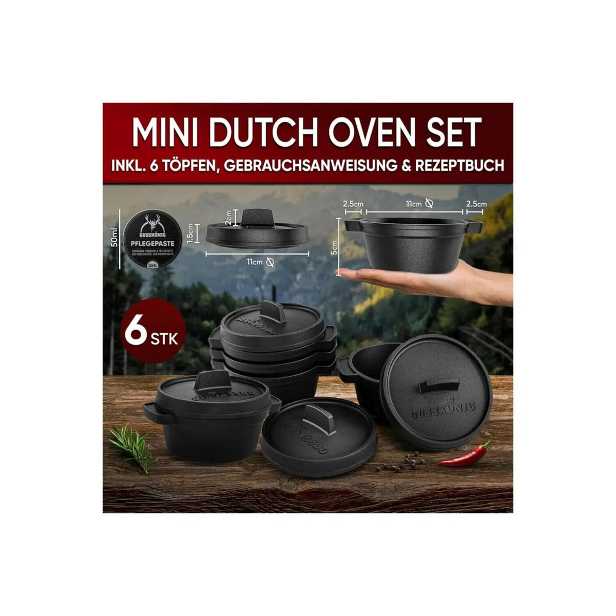 Gusskönig Seasoned Mini Dutch Oven Set - 6 x 300 ml (GK-49)
