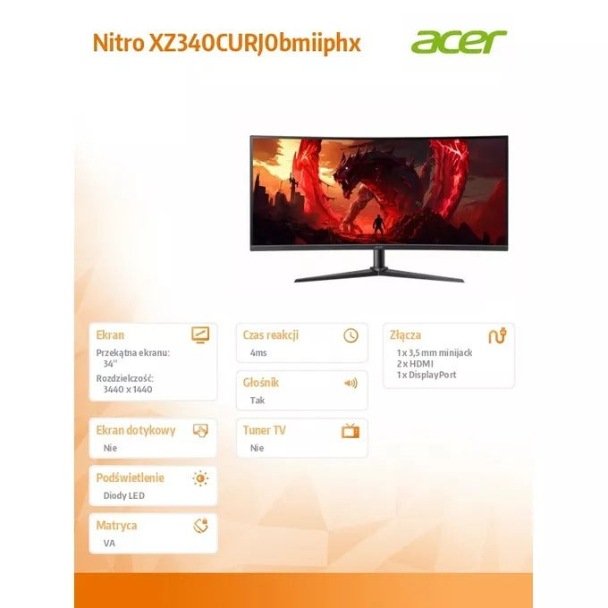 Acer Monitor XZ340CURJ0bmiiphx 34" 2560 x 1440 pixels LCD Black