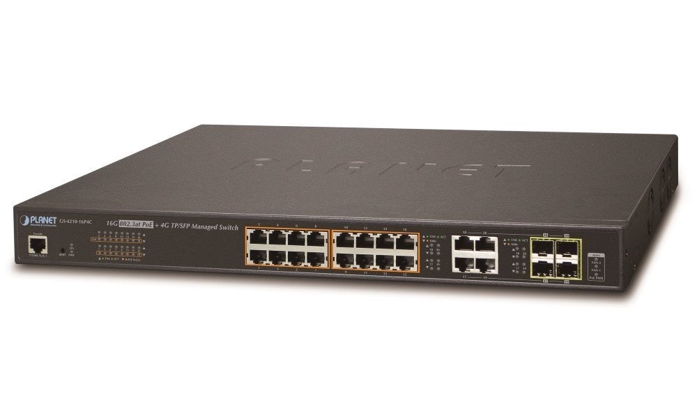 Planet GS-4210-16P4C Managed L2+ Gigabit Ethernet PoE Switch (1U, Black)