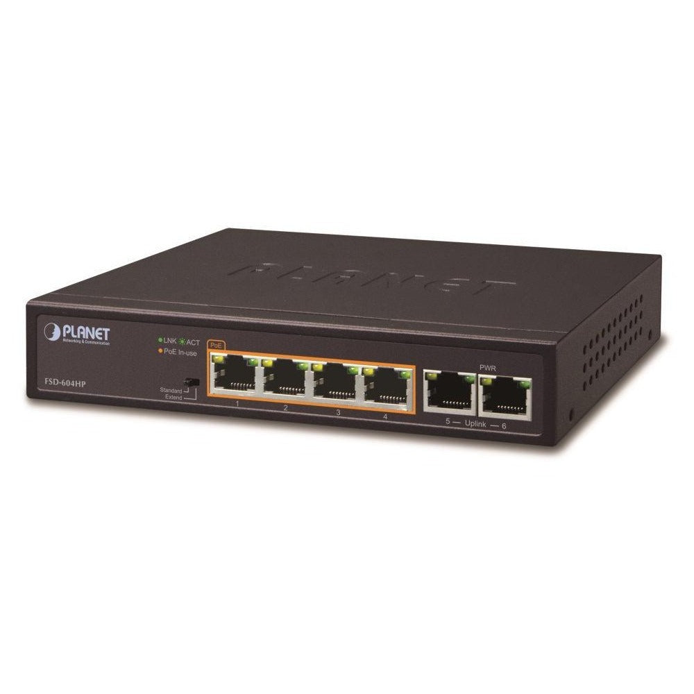 Planet FSD-604HP Unmanaged Network Switch with PoE Support - 4 Ports, 10/100Mbps, Black