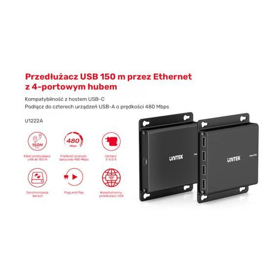Unitek Przedłużacz USB-C na 4× USB-A przez Ethernet  zasięg do 150 m 480Mbps
