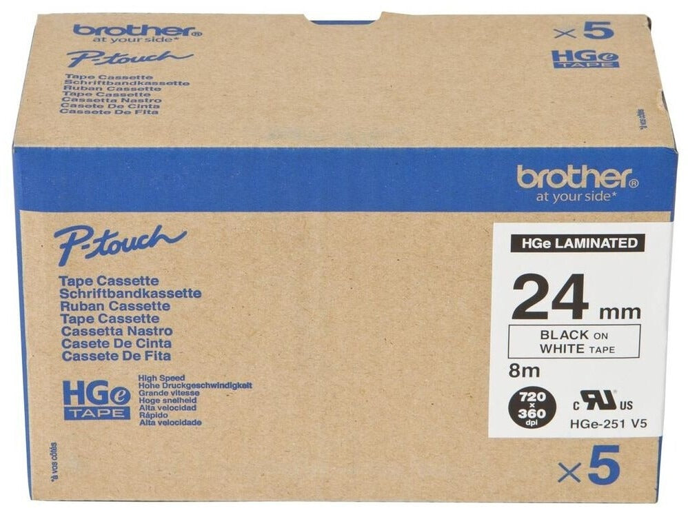 Brother HG251V5 Laminated Tape Black on White Roll 3.6 cm x 8 m 5 Rolls HG261V5