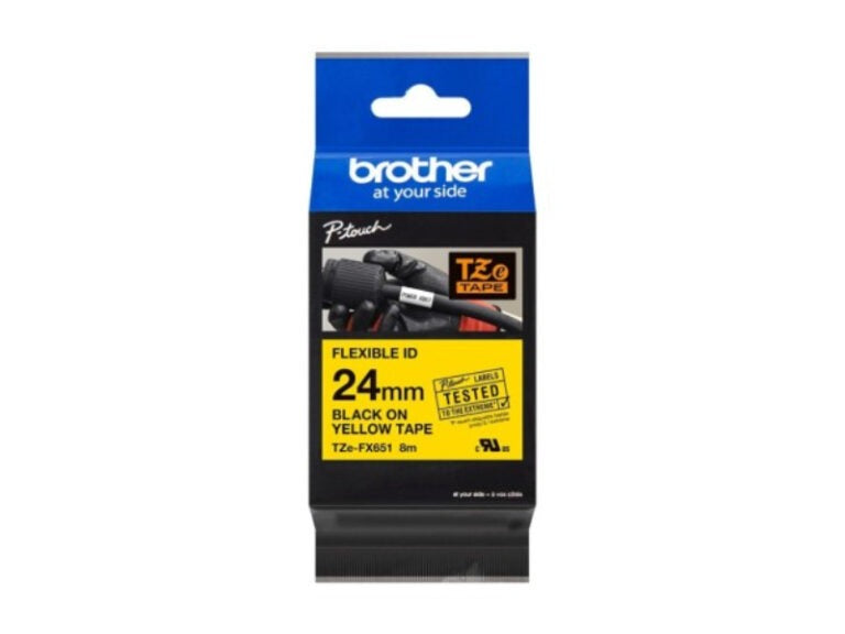 Brother TZe FX651 Flexitape Black on Yellow for P-Touch PT-2430,2470, 2700,2730, 7500,7600, 9500,9700, 9800, E500, E550, H500, P700 (ZFX651)