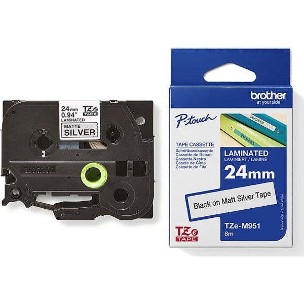 Brother TZe M951 Laminated Tape, Black on Silver, 2.4 cm x 8 m, for P-Touch 24XX, 2500, 27XX, 350,3600, 550,7500, 7600,9200, 9500,9600, 9700,9800 TZEM951