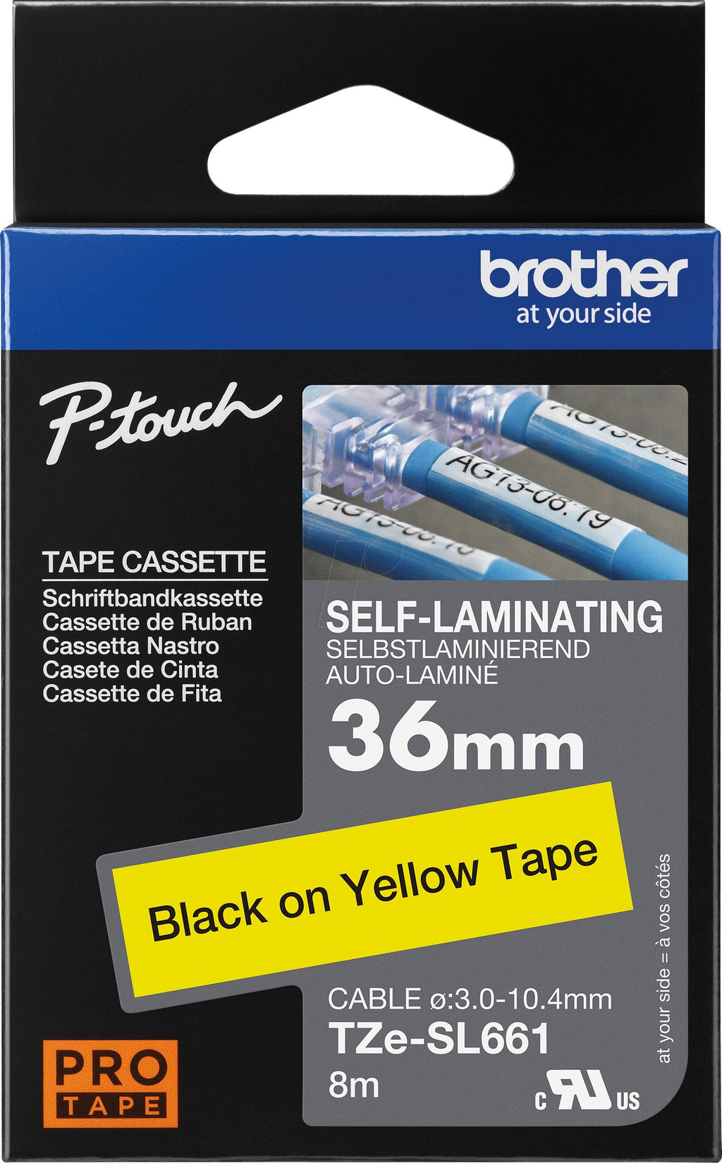 Brother TZe-SL661 Self-Adhesive Label Tape, Black on Yellow, 3.6 cm x 8 m - 1 Roll for P-Touch PT-D800W, PT-P900W, PT-P950NW (TZESL661)