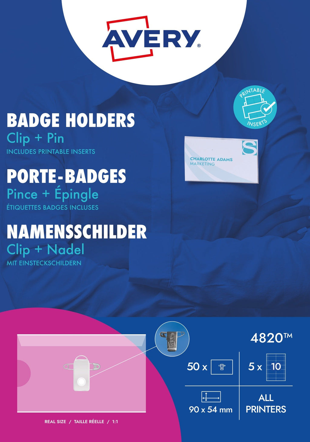 AVERY Name Badge with Clip 90 x 54 mm Transparent PVC-Free 1 Piece 4820.FR