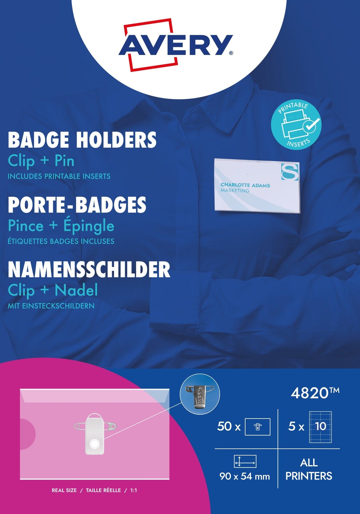 AVERY Name Badge with Clip 90 x 54 mm Transparent PVC-Free 1 Piece 4820.FR