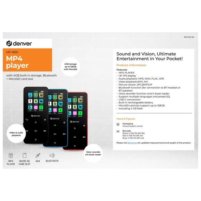 Denver MP-1830BU BT 1.8" MP4 Player 4GB Blue