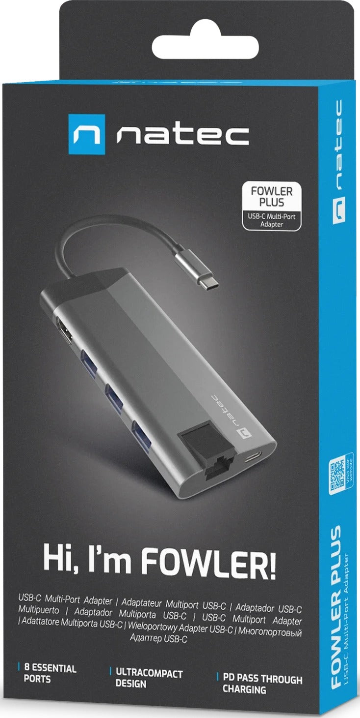 MULTIPORT ADAPTER NATEC FOWLER 2 V2 USB-C 8IN1 HUB ->USB 3.0 3X  HDMI 4K  USB-C  RJ45  SD  MICRO SD