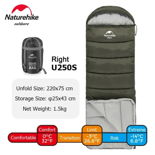 Naturehike Sleeping Bag U250S NH20MSD07, Army Green, Left-Hand, 3-Season