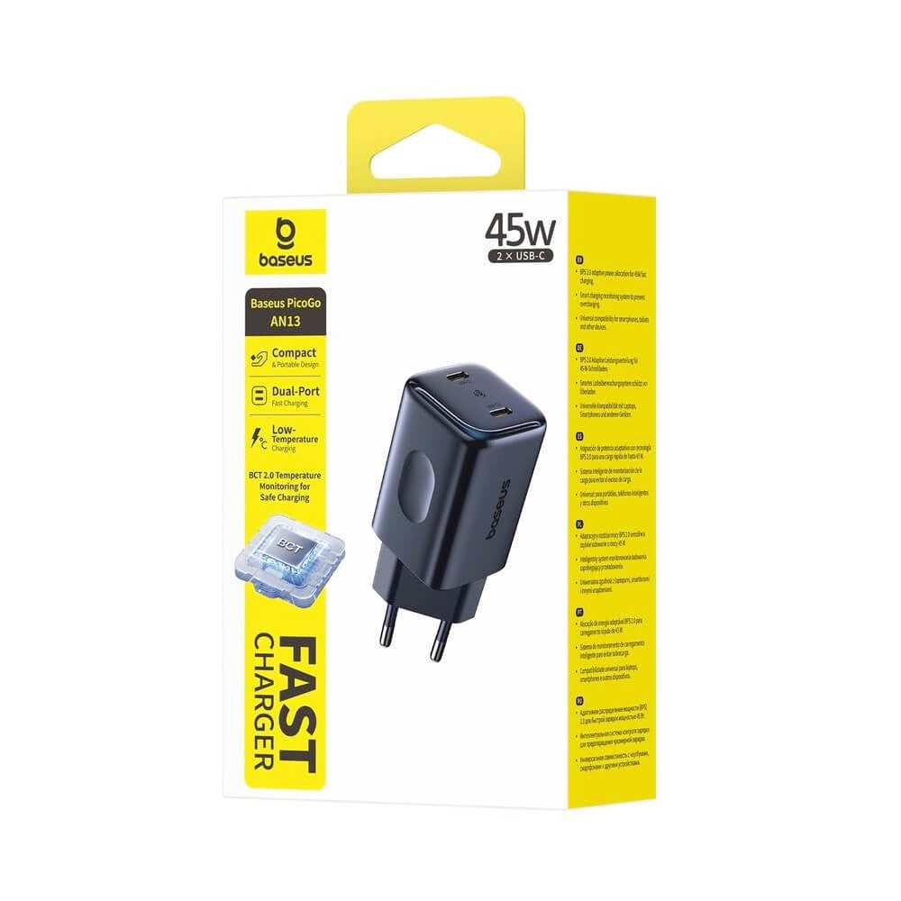 Baseus PicoGo AN13 Fast Charger 45W Dual USB-C EU Cosmic Black E0121F00
